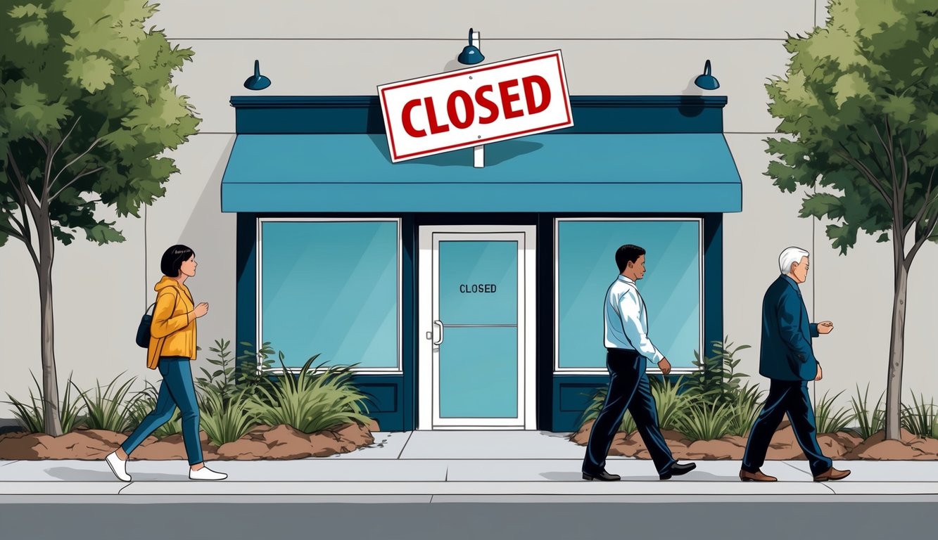 A storefront with a "closed" sign, surrounded by unkempt landscaping and a lack of lighting, with a few potential customers walking past without stopping