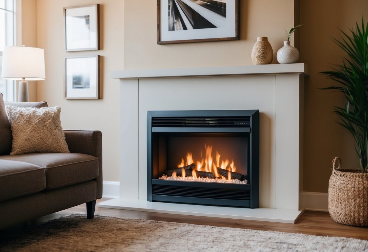 A cozy living room with a modern ventless gas fireplace as the focal point, emitting a warm and inviting glow