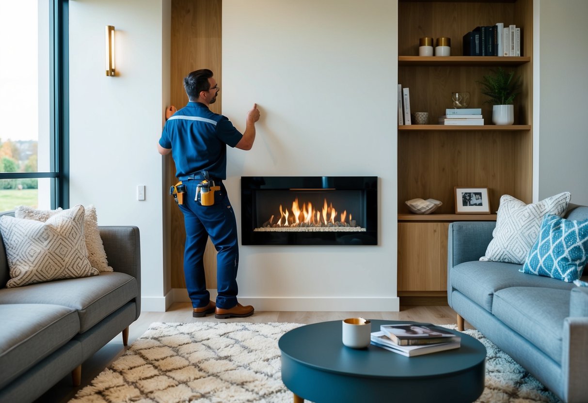 A cozy living room with a modern gas fireplace being installed in the corner by a professional technician