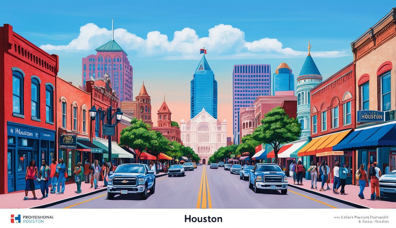 A bustling Houston street lined with iconic landmarks and local businesses, with a mix of diverse people and vibrant colors