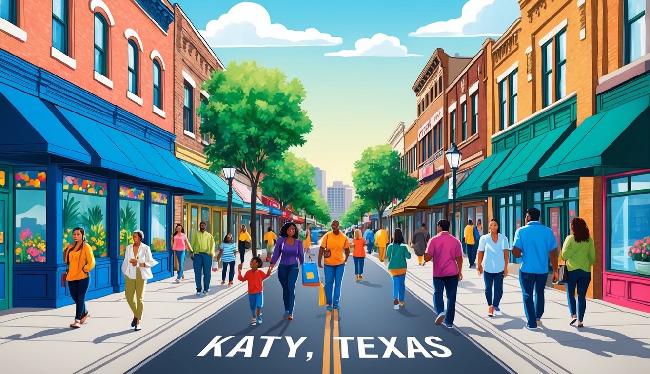 A bustling street in Katy, Texas with vibrant storefronts and busy foot traffic, showcasing the local community engagement and opportunities for reaching more customers