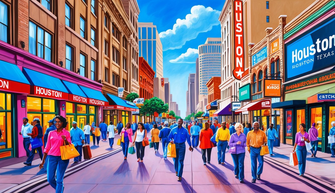 A bustling city street in Houston, Texas, with vibrant storefronts and busy shoppers, surrounded by billboards and advertisements