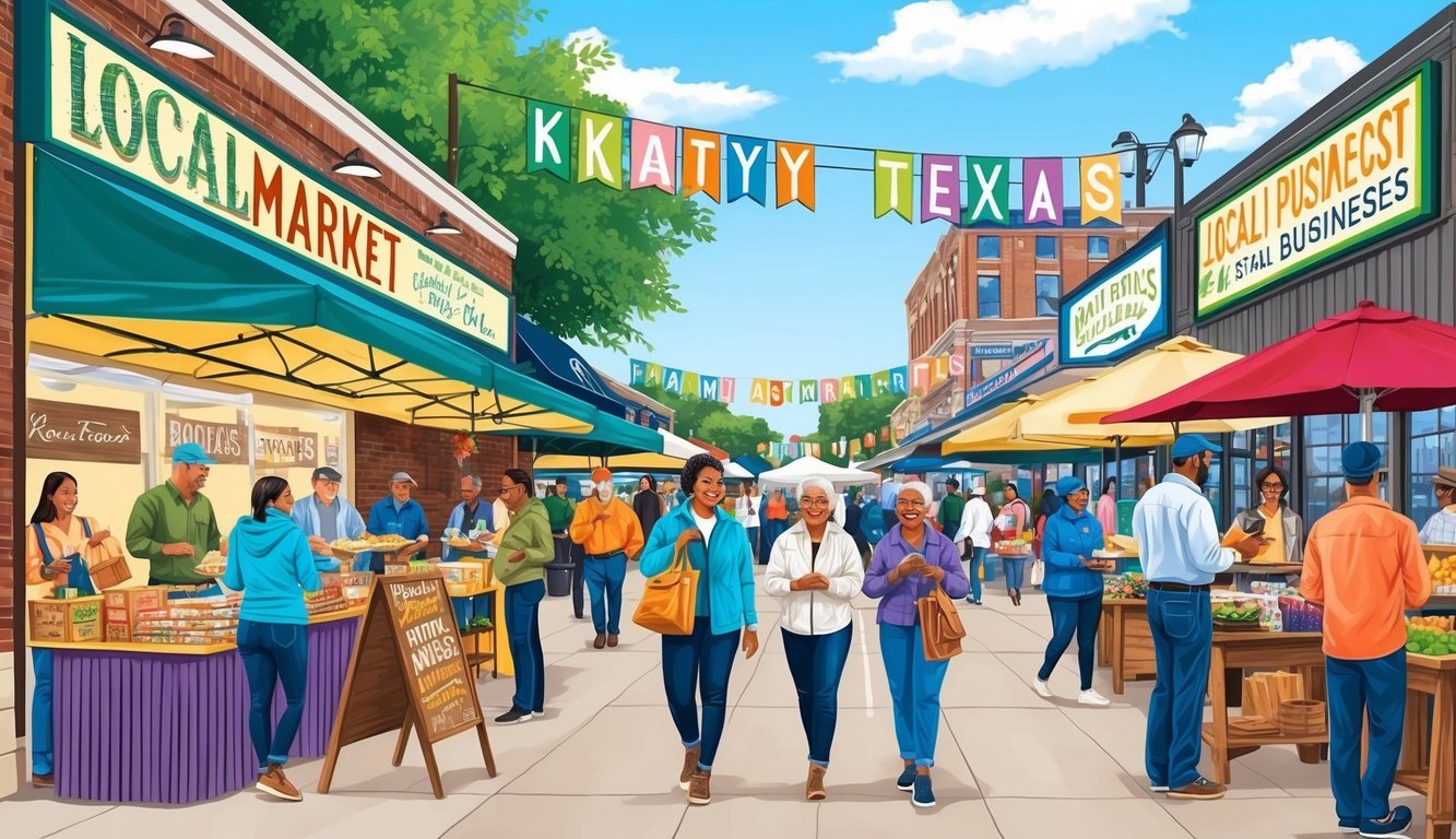 A bustling local market in Katy, Texas, with colorful signage and banners promoting small businesses. Customers browse through unique products and enjoy local food vendors