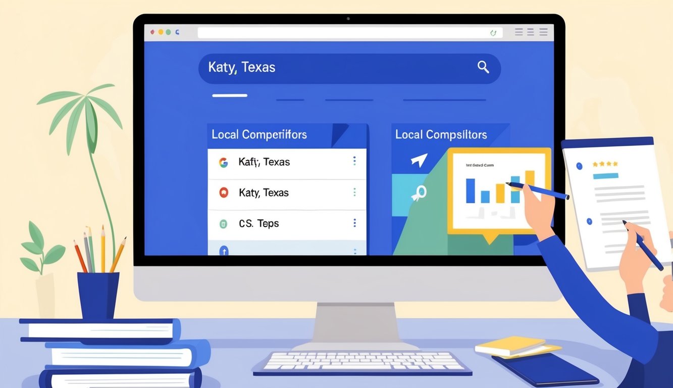 A computer screen displaying Google search results for "Katy, Texas" with local competitors ranking higher. A person analyzing and taking notes