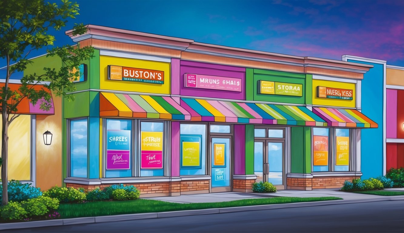 A vibrant storefront with colorful signage and window displays, surrounded by well-maintained landscaping and attractive lighting