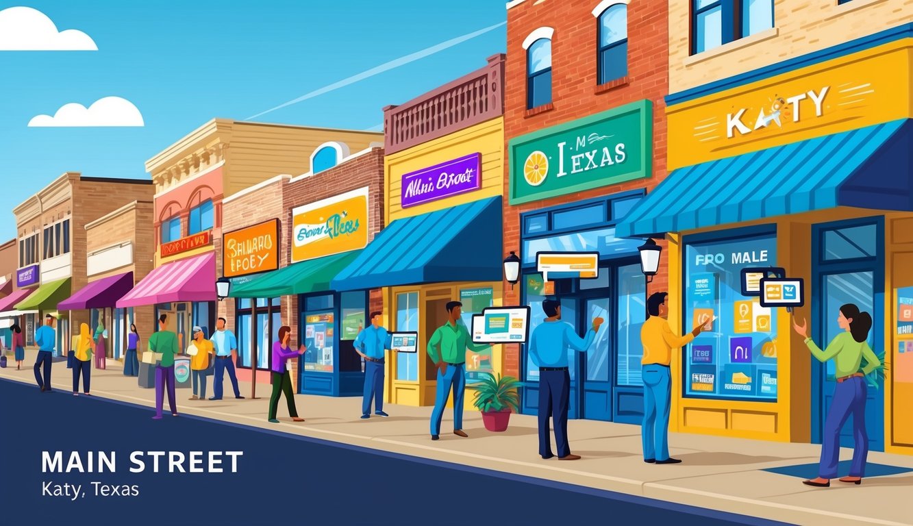 A bustling main street in Katy, Texas, with small businesses displaying vibrant signs and banners, while digital marketing tools are depicted in action, engaging with the local audience