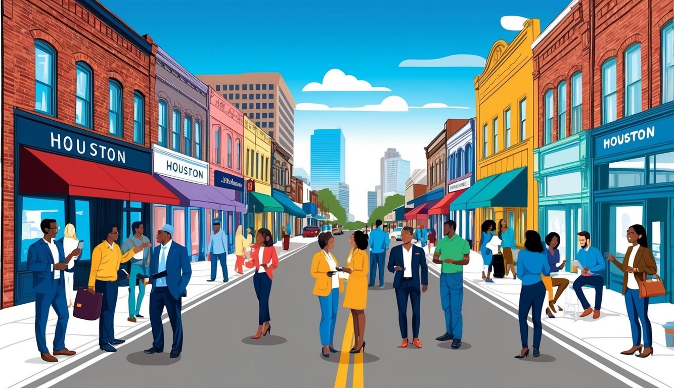 A bustling Houston street lined with small businesses, colorful storefronts, and a diverse group of people engaging in networking and marketing activities