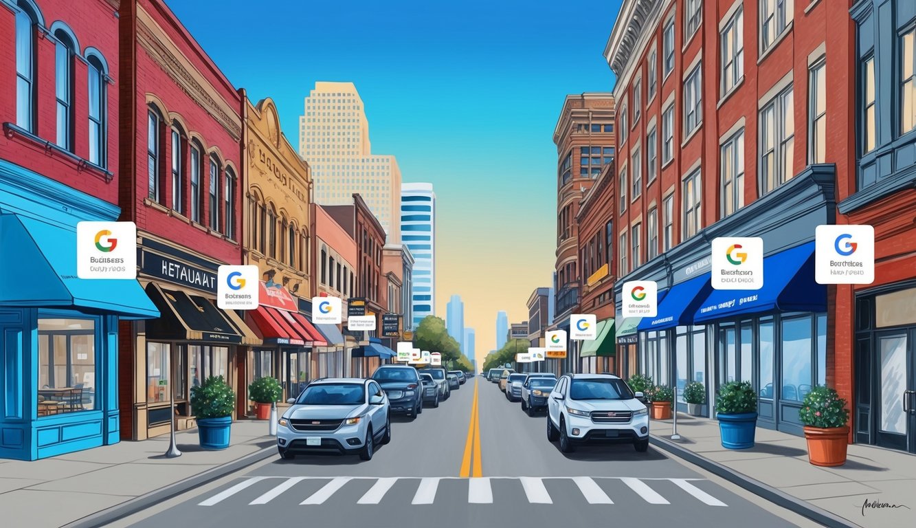 A bustling Houston street with a variety of businesses, including restaurants, shops, and offices, all with prominent Google Business Profile signs displayed