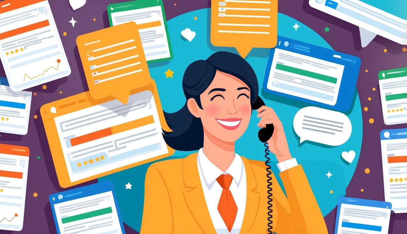 A customer service representative smiling and talking on the phone while surrounded by positive customer reviews and feedback