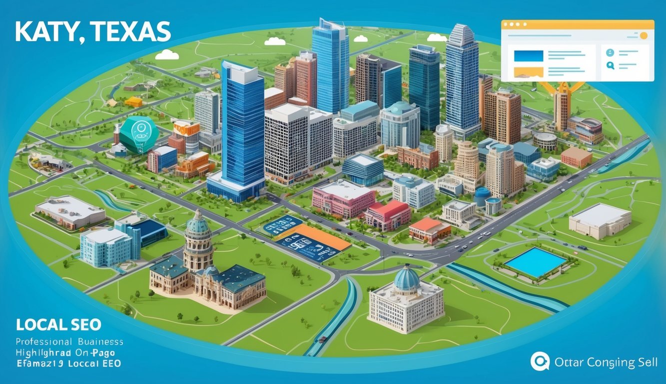 A vibrant cityscape of Katy, Texas with local businesses, landmarks, and geographical features, all surrounded by a digital map with highlighted on-page elements for local SEO