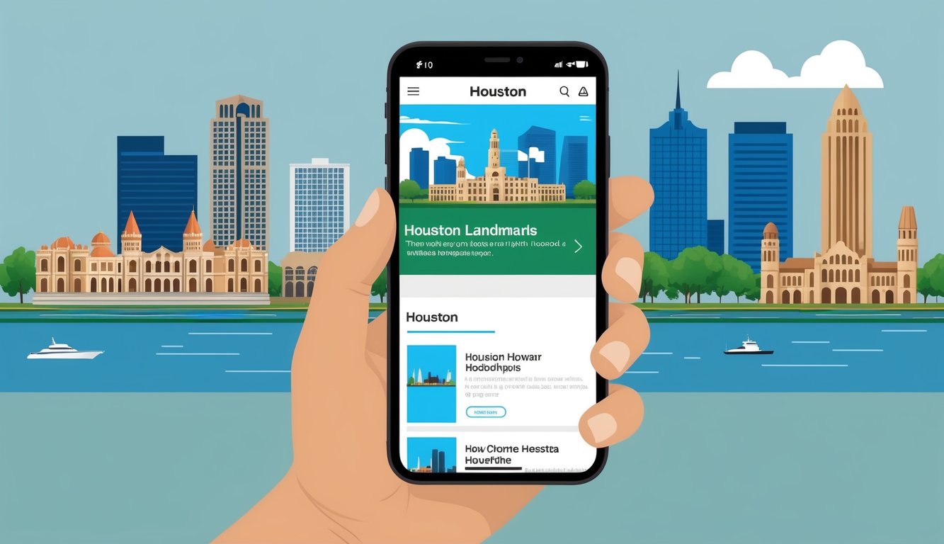 A mobile phone displaying a website with Houston landmarks in the background, while a map of the city is visible on the screen