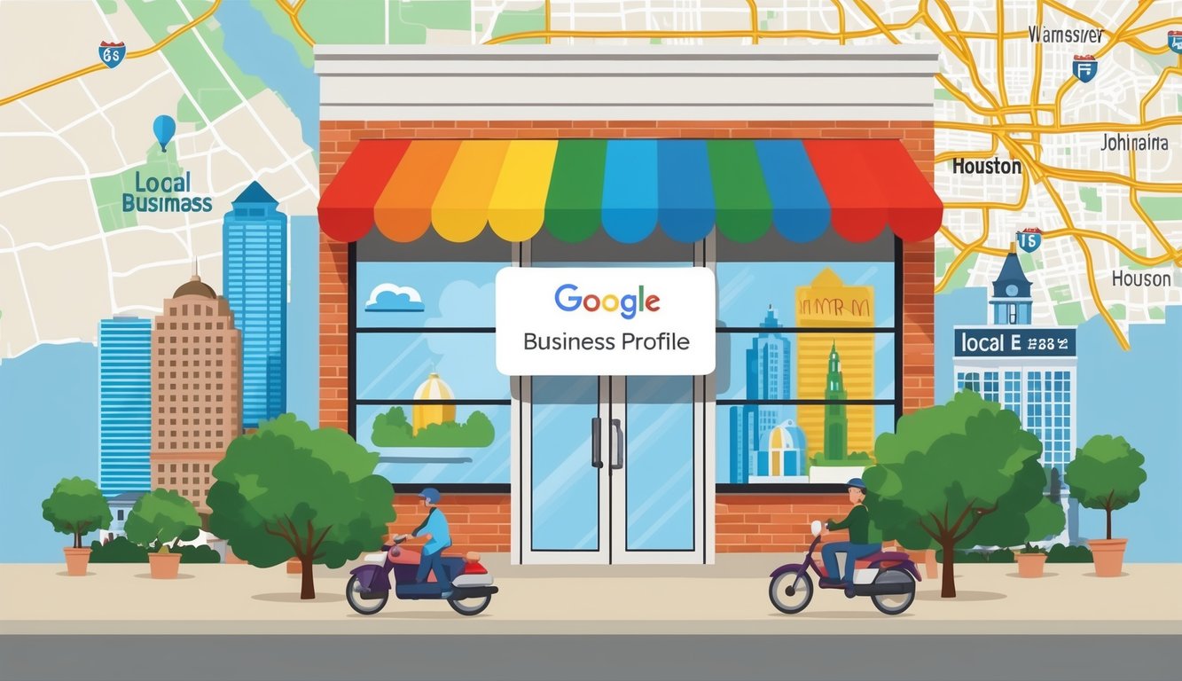 A storefront with a prominent Google Business Profile sticker, surrounded by Houston landmarks and local businesses, with a map of the city in the background