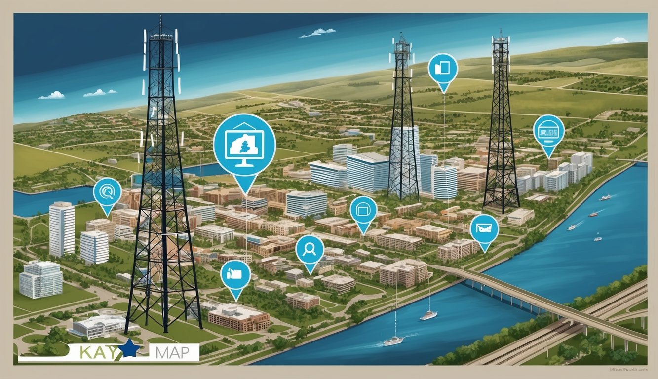 A map of Katy, Texas with network towers and website icons, surrounded by a mix of urban and suburban landscapes