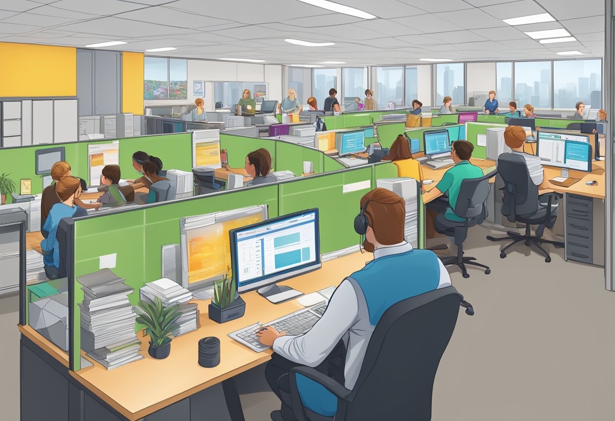 A bustling office with Karen Hoxmeier at the helm, overseeing a team of employees working diligently on MyBargainBuddy's expansion