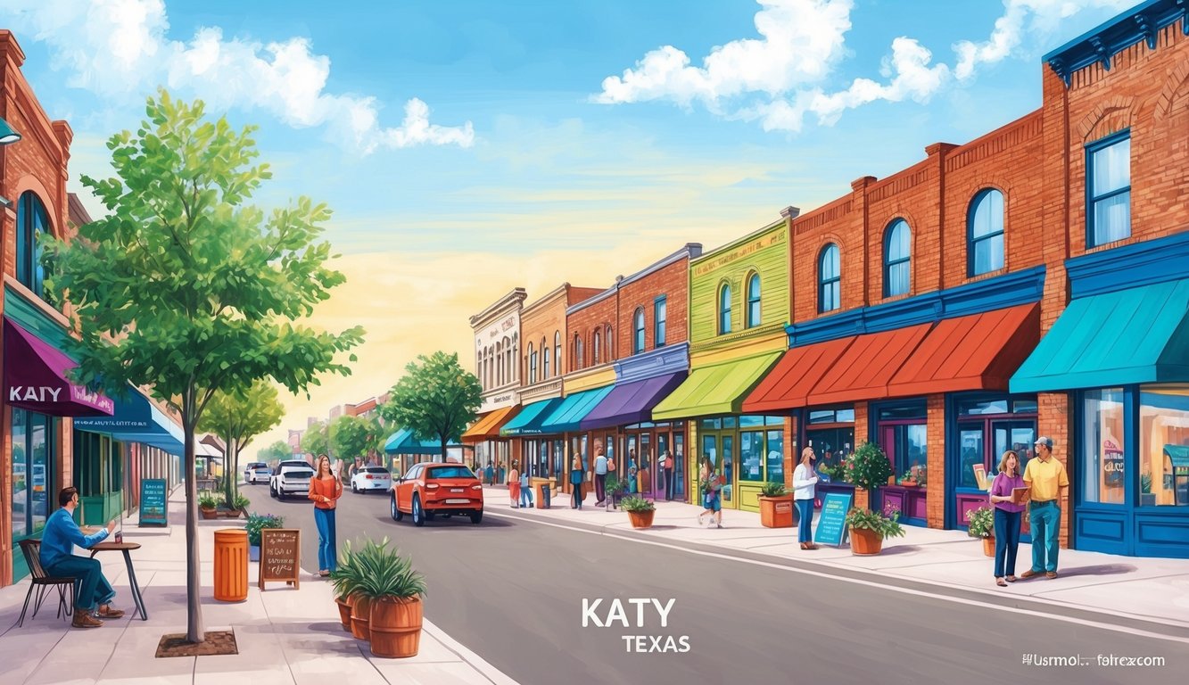 A bustling street in Katy, Texas with local businesses, colorful storefronts, and people engaging in local activities