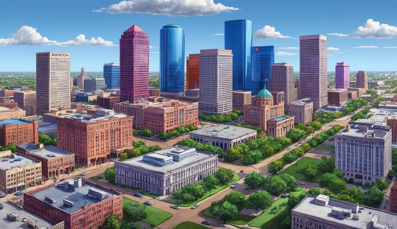 A bustling cityscape of Houston, Texas with prominent landmarks and local businesses, all highlighted on Google maps