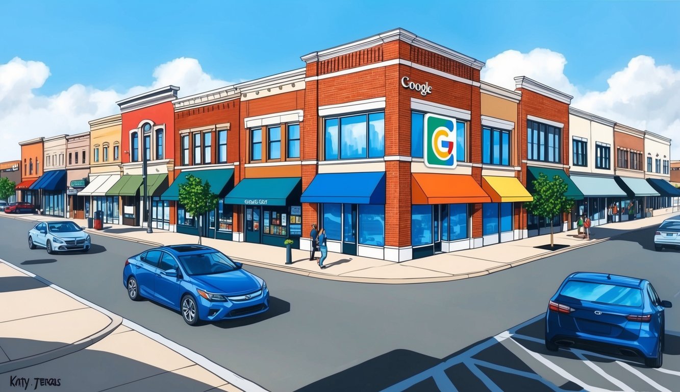 A bustling street in Katy, Texas with various storefronts and businesses, with a prominent Google logo displayed on one of the buildings