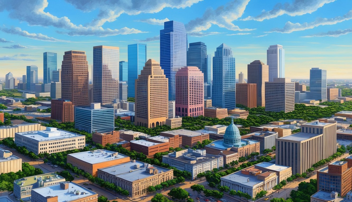 A bustling cityscape with skyscrapers and a diverse mix of businesses, set against the backdrop of the Houston, Texas skyline