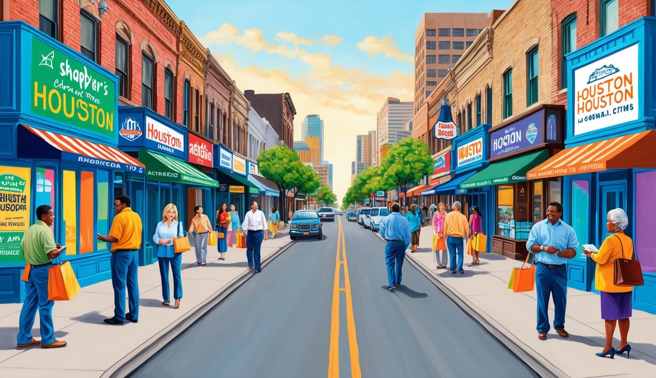 A bustling city street in Houston, with small businesses lining the road and colorful advertisements on display. Busy shoppers and business owners engage with local advertising efforts