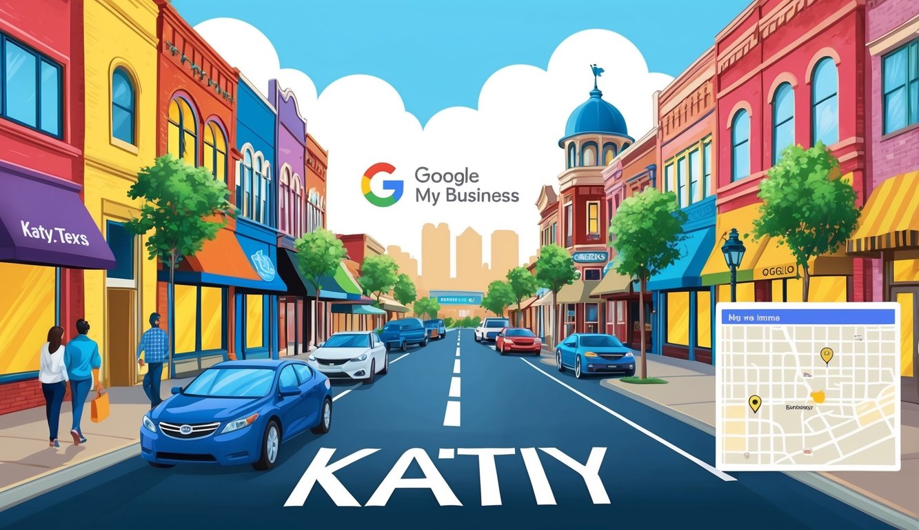 A bustling Katy, Texas street with vibrant storefronts and a prominent Google My Business sign. Nearby landmarks and a map of the local area