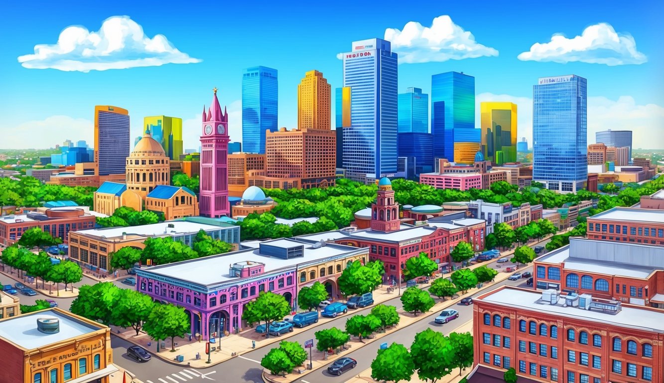 A vibrant cityscape of Houston, Texas with iconic landmarks and bustling streets, showcasing the diverse and dynamic presence of businesses on Google Maps