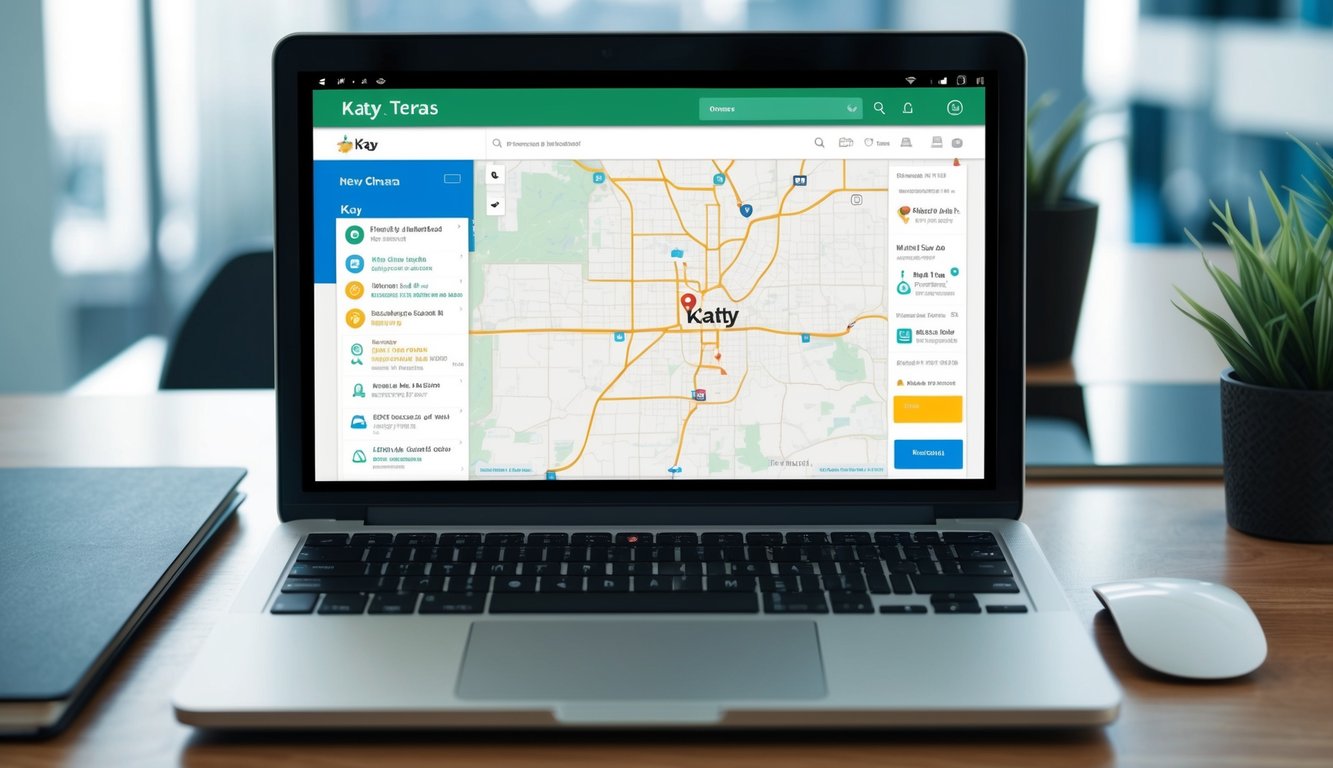 A laptop open on a desk, with a map of Katy, Texas on the screen and various online business listings displayed
