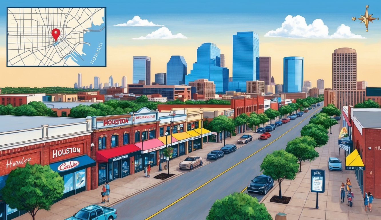 A bustling Houston street with local businesses, a prominent city skyline, and a map pinpointing the location