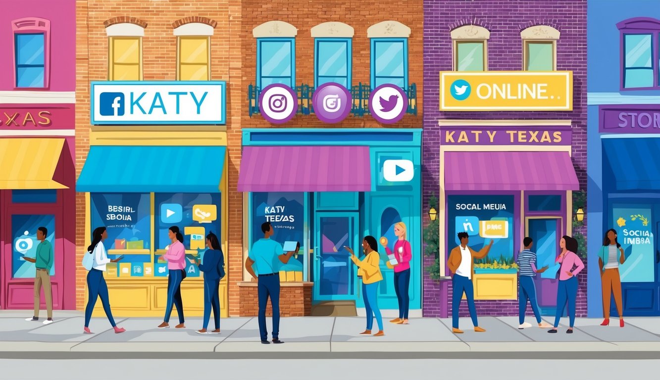 A bustling street in Katy, Texas with vibrant storefronts and people engaging with local businesses. Bright signs and social media icons adorn the buildings, showcasing a strong online presence