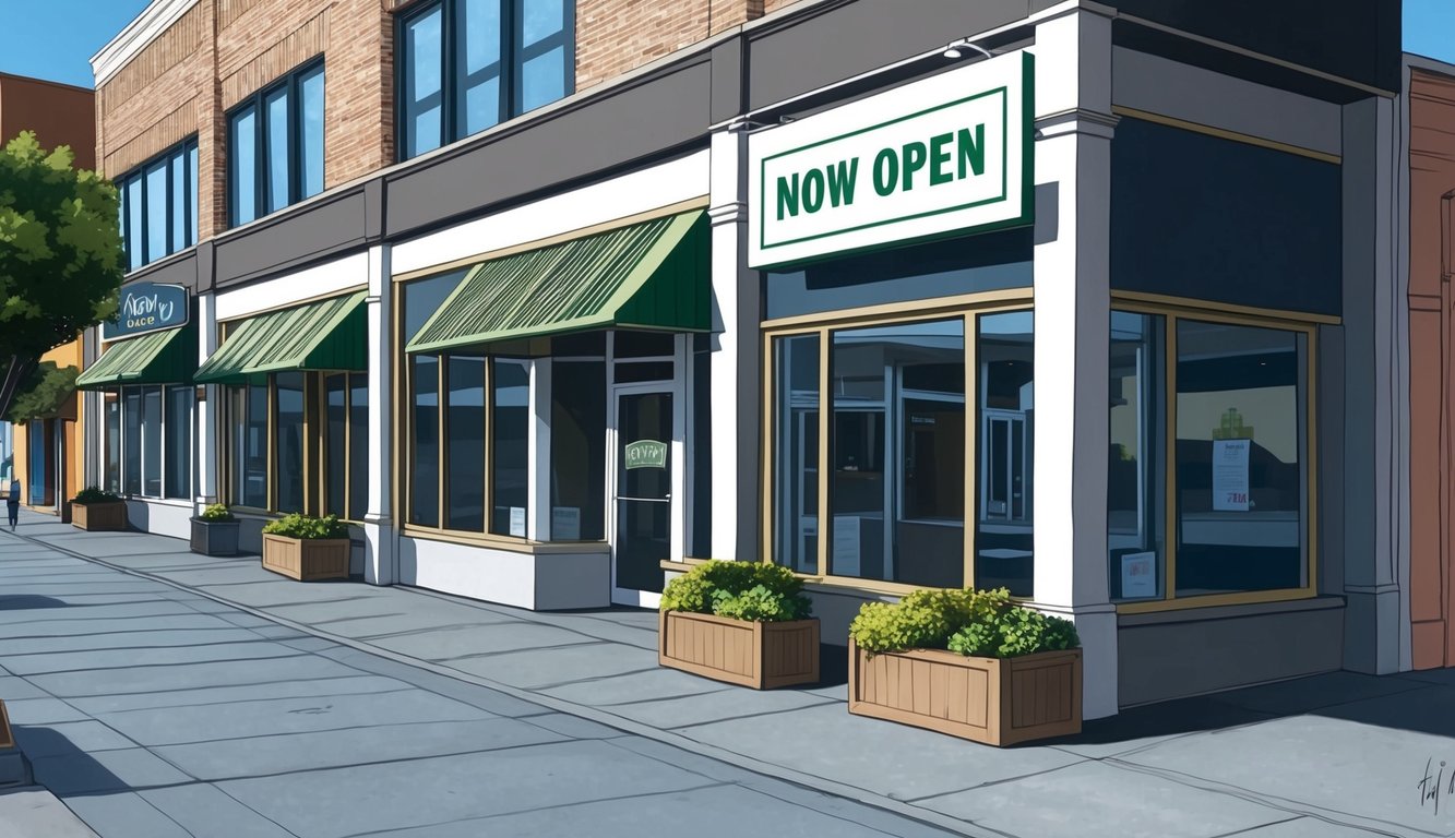 A storefront in Katy, Texas with a "Now Open" sign, surrounded by empty sidewalks and a lack of foot traffic