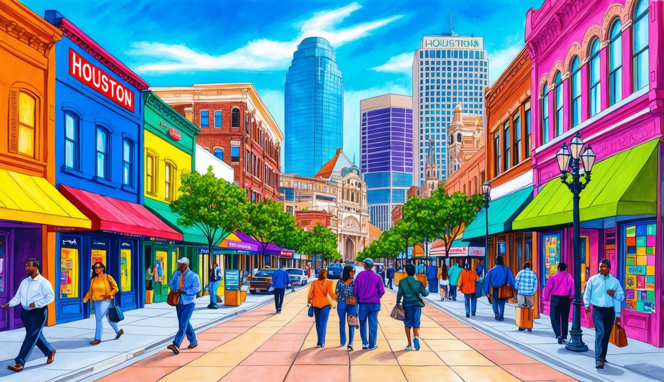 A bustling Houston street with colorful storefronts, busy sidewalks, and prominent local landmarks. Bright signage and vibrant displays draw in passersby