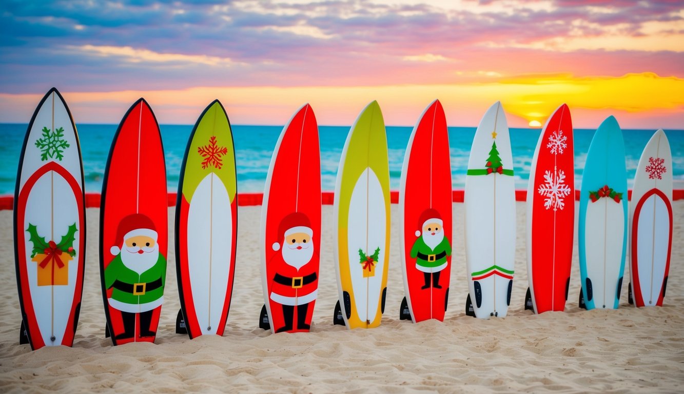 A group of surfboards with festive Santa designs lined up on a sandy beach, with a colorful sunset in the background