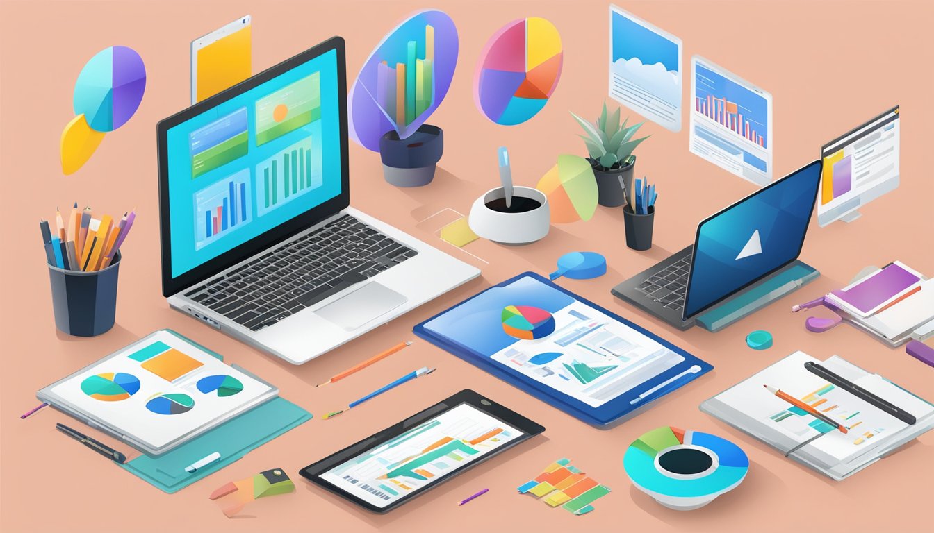 En bærbar datamaskin omgitt av ulike digitale markedsføringsverktøy og diagrammer