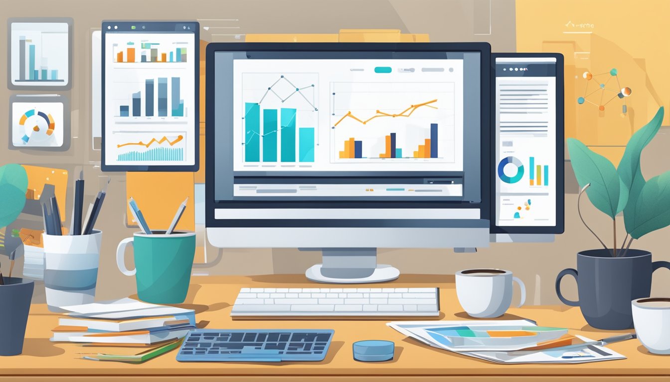 En dataskjerm som viser en nettsides analyser med ulike grafer og diagrammer, omgitt av et rotete skrivebord med papirer og en kaffekopp