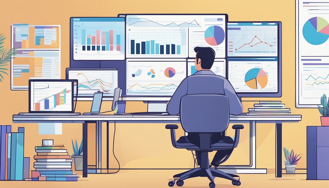 En person som analyserer SEO-data på en datamaskin, omgitt av diagrammer og grafer