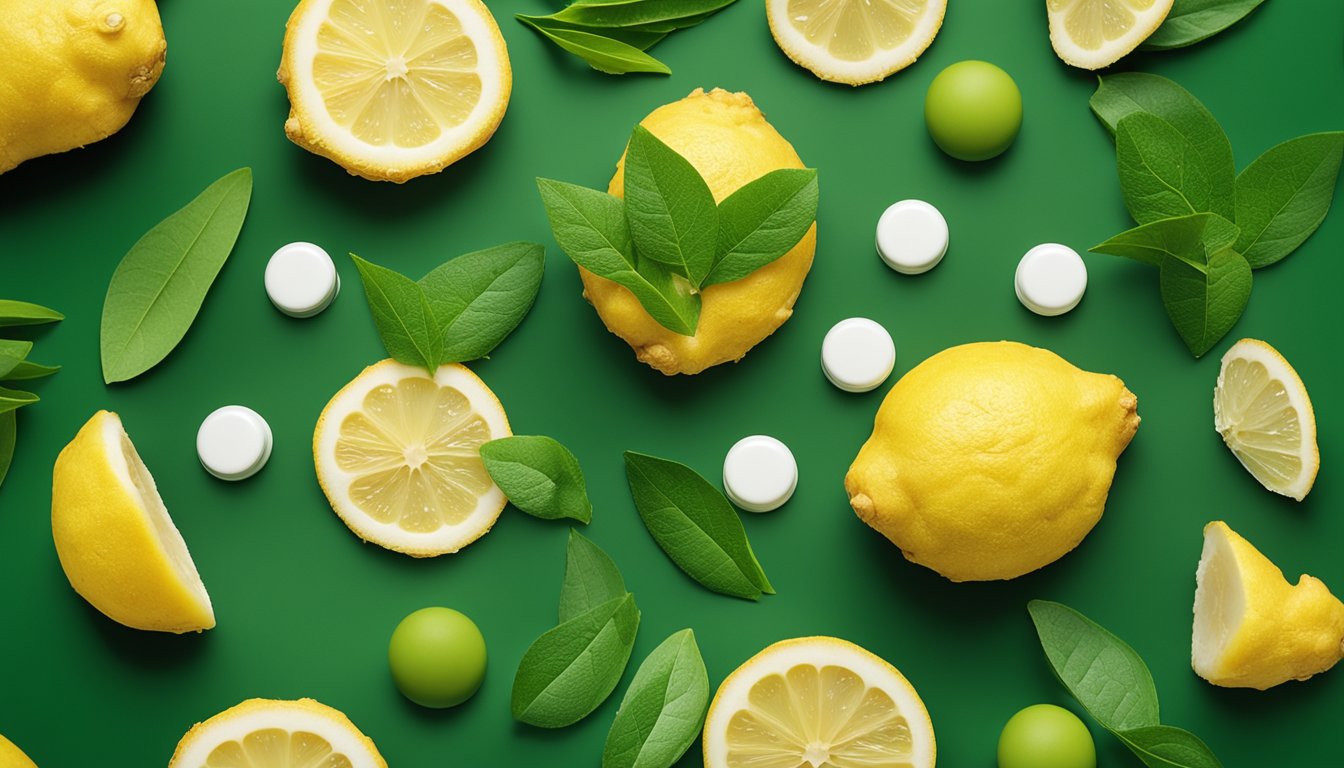 Fresh ginger, lemon, green tea, and vitamin capsules arranged in a close-up nature-inspired composition for a recovery scene