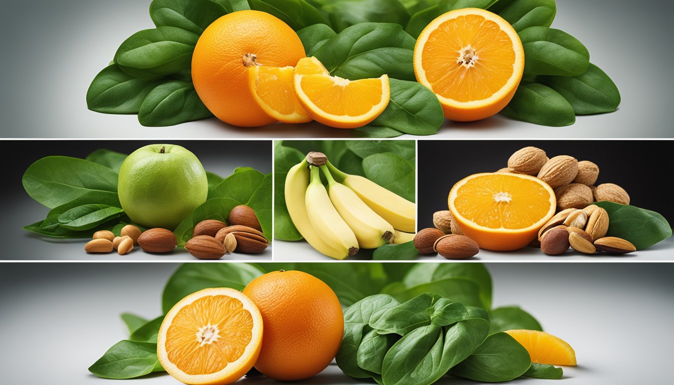 Bananas, spinach, oranges, and nuts displayed in a split-screen composition, highlighting their nutrient-rich properties