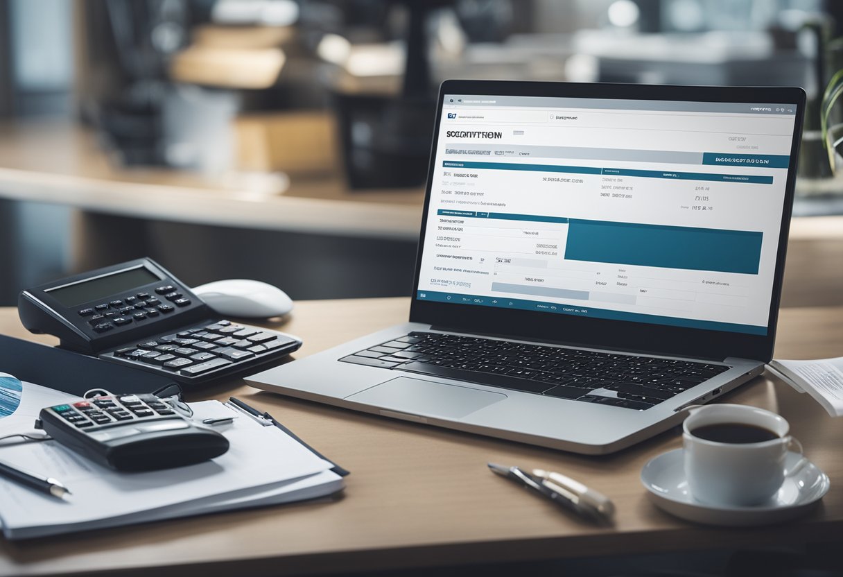A laptop with web design software open, surrounded by a calculator, pen, and notepad. A stack of invoices and a payment receipt sit nearby