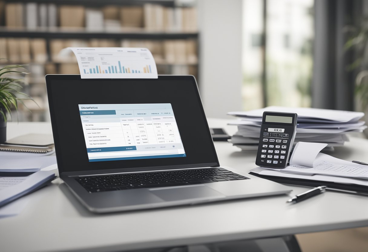 A laptop with a web design software open, surrounded by a calculator, pen, and notepad, with a stack of invoices and a payment receipt nearby