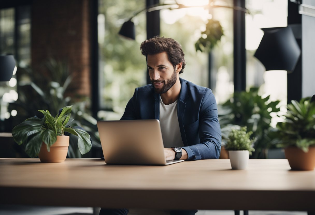 A freelance web designer communicates with a client, using a laptop and a phone, while managing expectations
