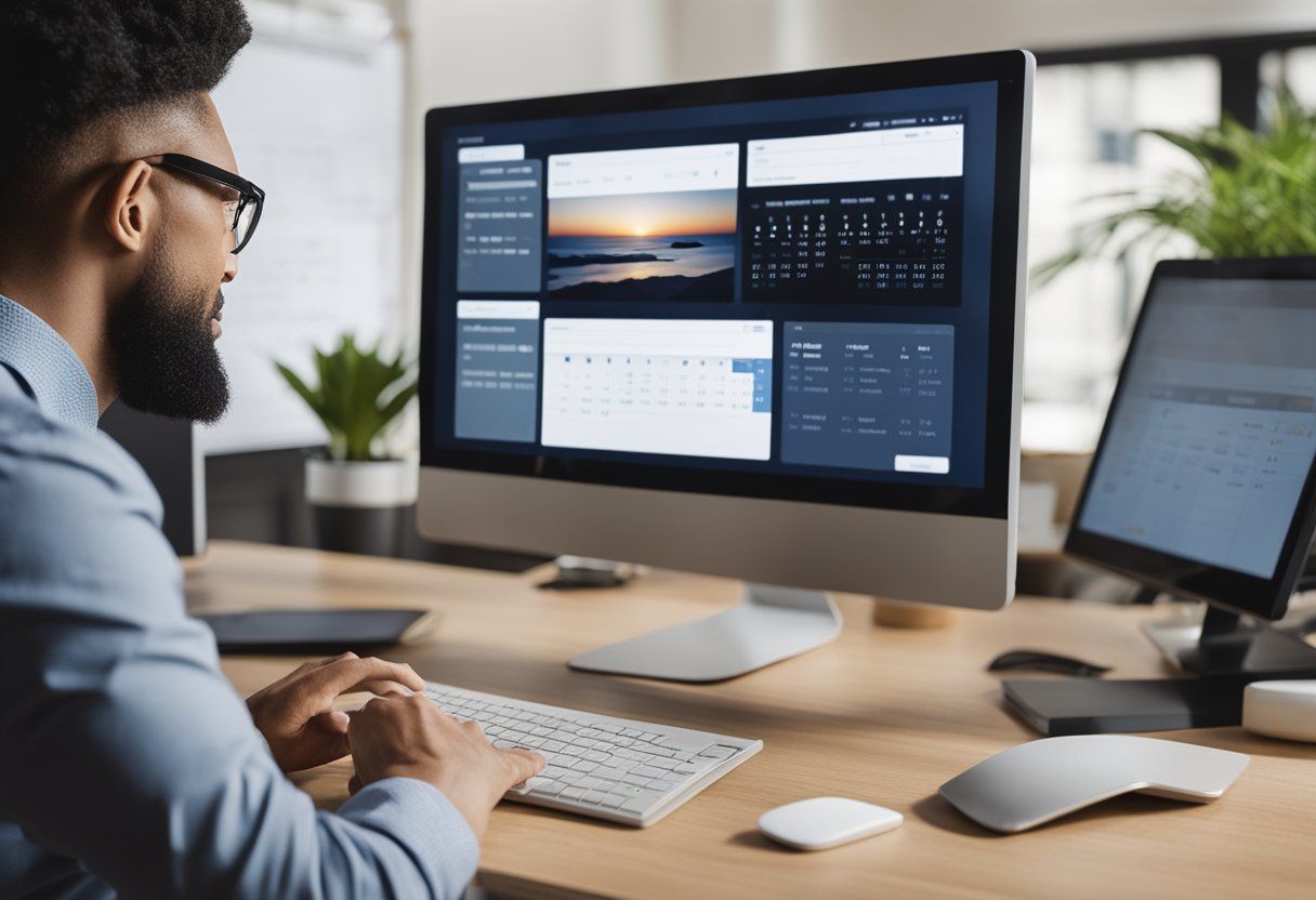 A freelancer at a desk, receiving feedback from a client via email or video call, with a computer displaying a web design project and a calendar or schedule visible in the background