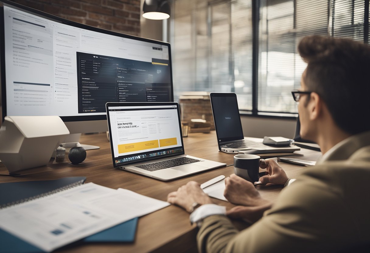 A freelancer discussing web design expectations with a client, possibly using visual aids or examples to clarify the process