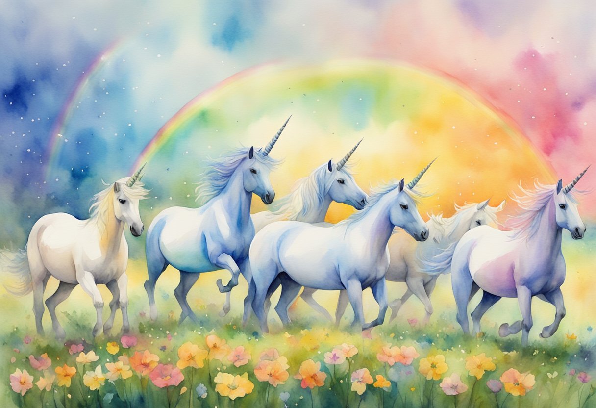 A colorful field with a herd of unicorns, each with a unique and enchanting name, prancing and playing under a rainbow-filled sky