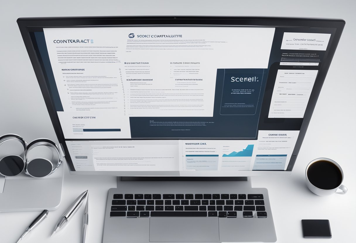 A computer screen with a contract template open, surrounded by a pen, ruler, and other office supplies