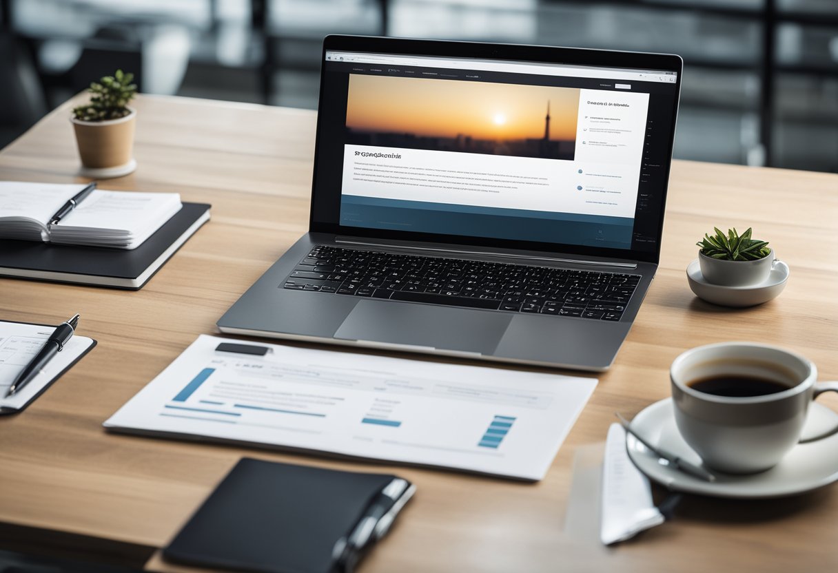 A desk with a laptop, contract papers, and a pen. A web design layout sketch on the screen. A professional setting with natural light