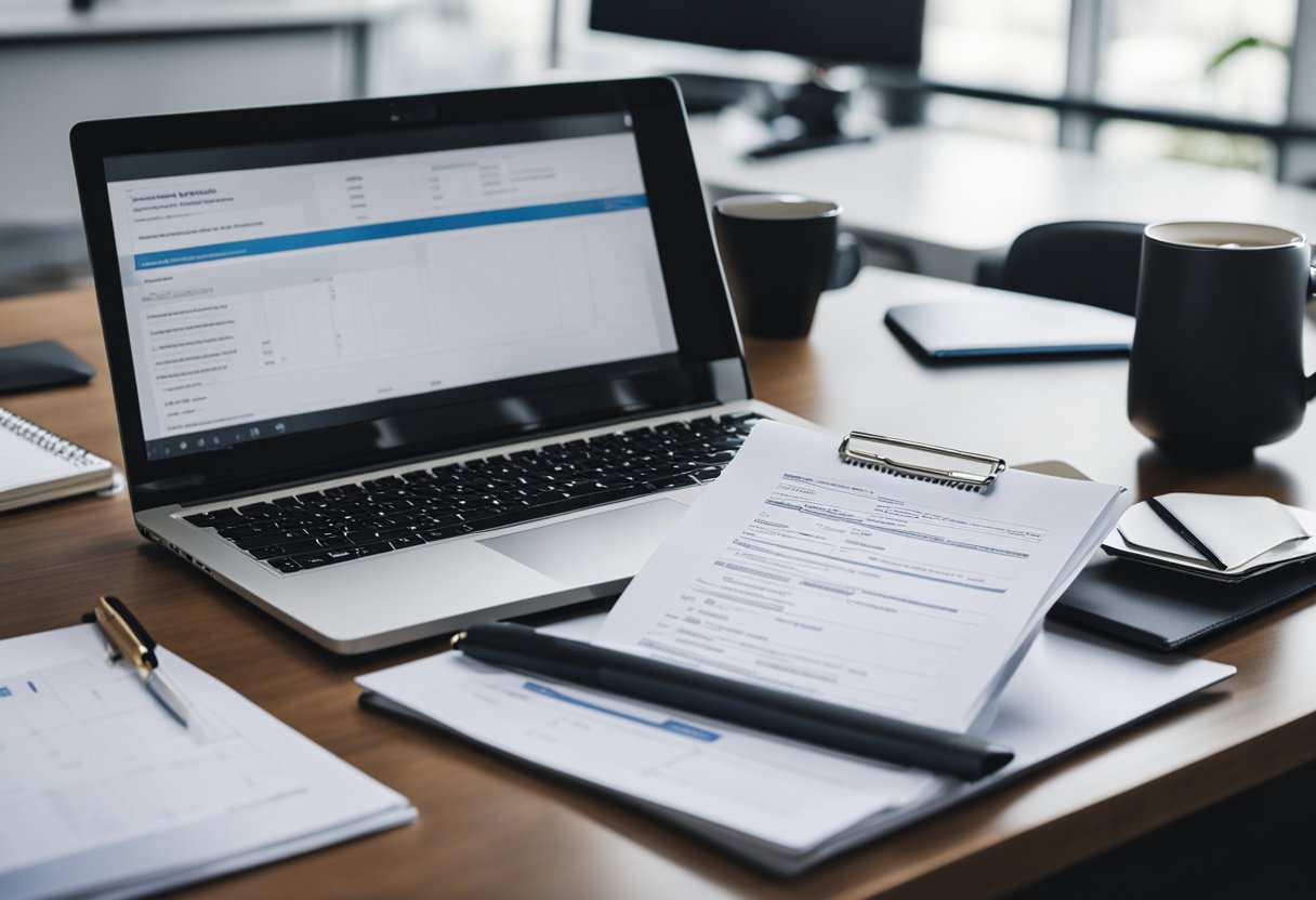 A desk with a laptop, contract papers, pen, and a checklist of project management provisions