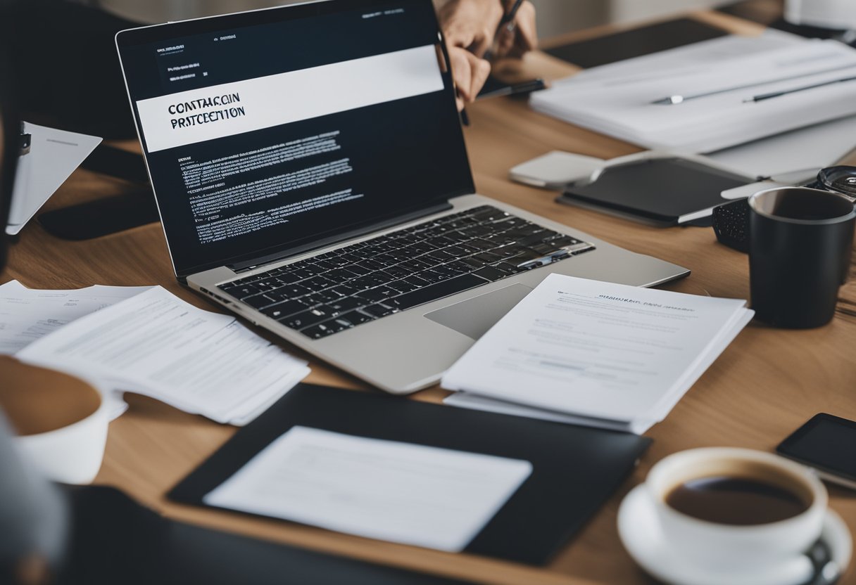 A freelancer sits at a desk, surrounded by a laptop, contract papers, and a pen. The freelancer is reviewing and signing a web design contract for their protection