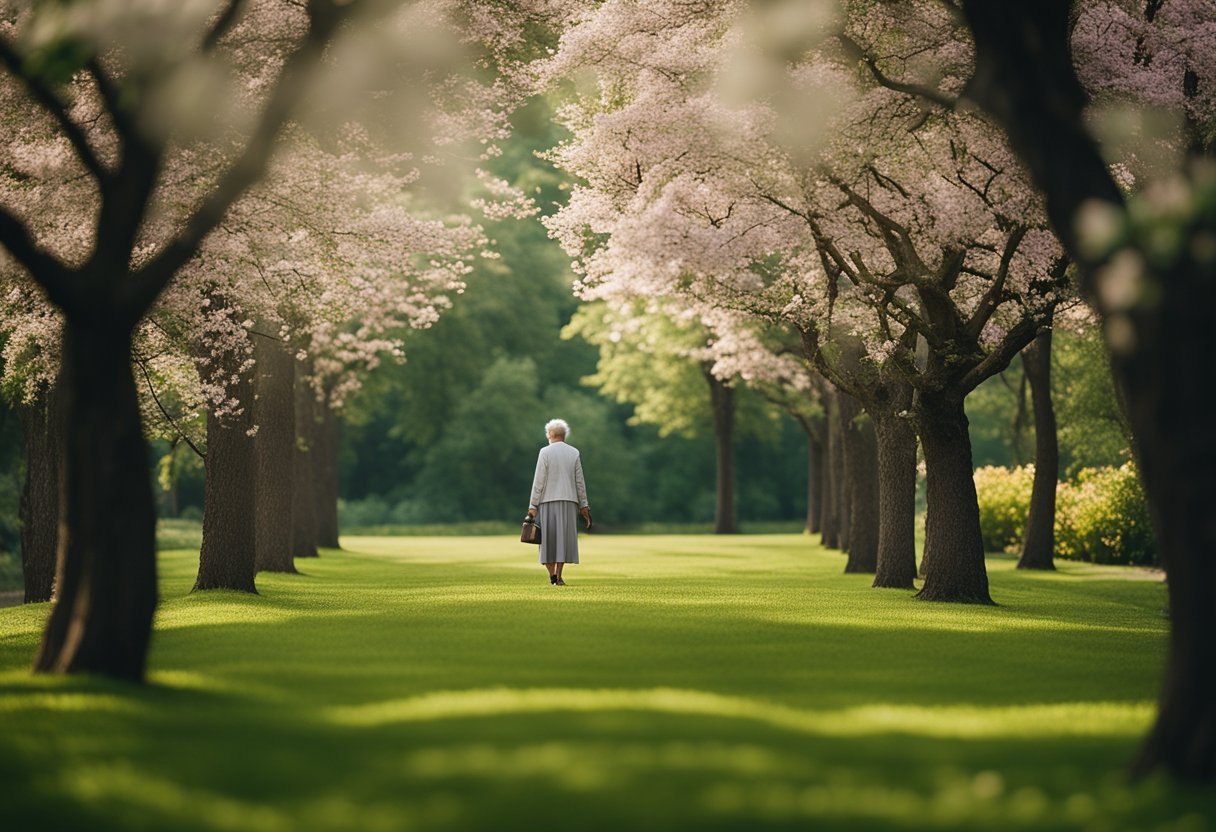 A serene, elderly person enjoying a leisurely walk through a lush, green park, surrounded by blooming flowers and tall, healthy trees