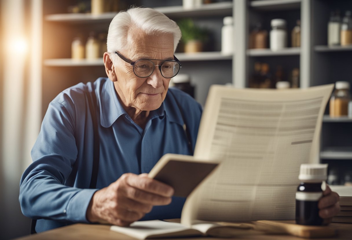 A senior holding a bottle of joint health supplements while reading a list of ingredients. A magnifying glass is nearby for closer examination