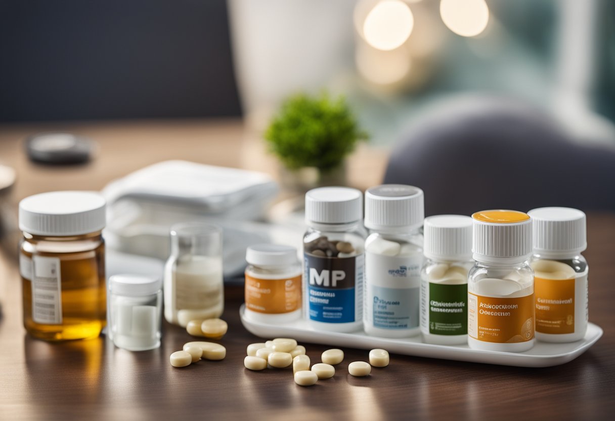 A table with a variety of supplements for joint health, such as glucosamine and chondroitin, next to a daily pill organizer and a glass of water