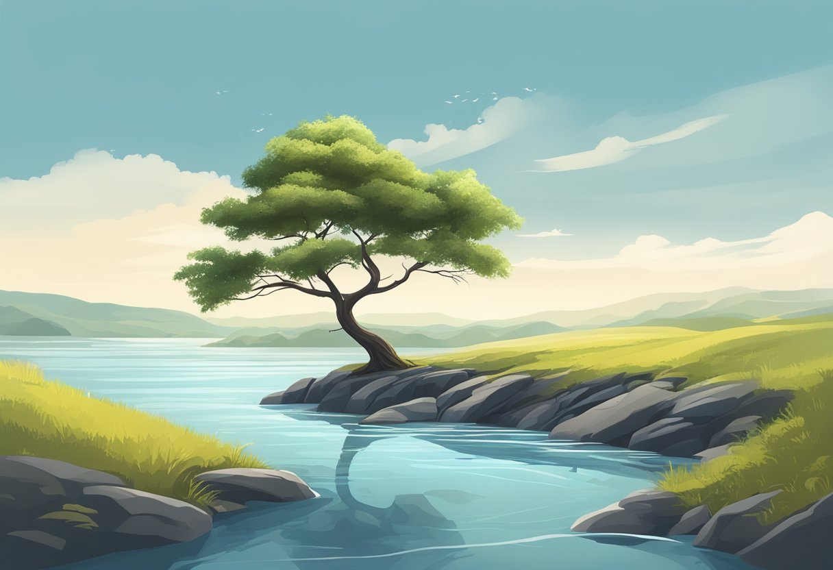 A serene landscape with a lone tree bending in the wind, surrounded by flowing water and a clear sky